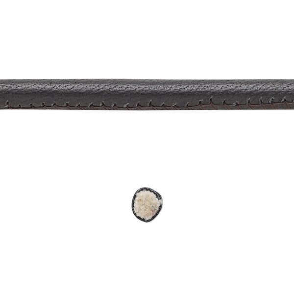 Cord, leather and cotton (dyed), black, 4mm zigzag-stitched round. Sold per 5-yard section. image number 0