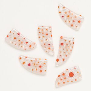 Component, millefiori glass, clear / translucent red / white, 26x13mm-28x15mm undrilled talon. Sold per pkg of 6.