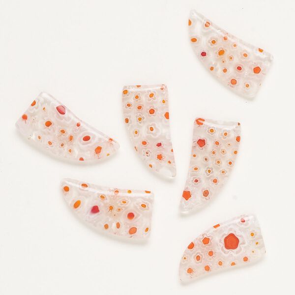 Component, millefiori glass, clear / translucent red / white, 26x13mm-28x15mm undrilled talon. Sold per pkg of 6. image number 0