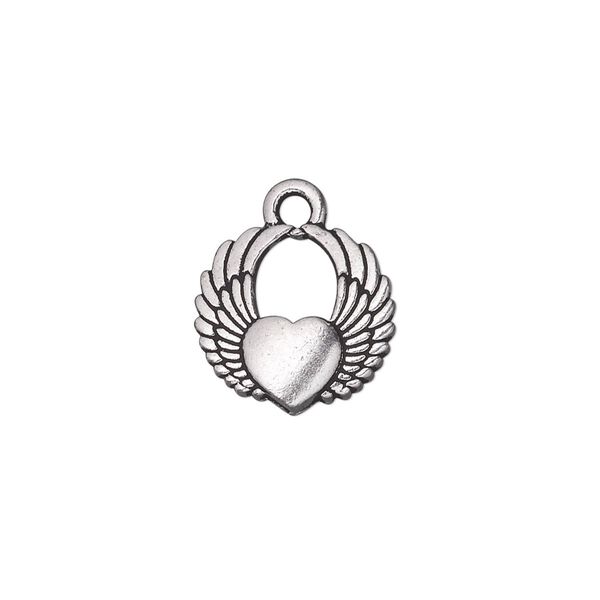 Charm, TierraCast®, antique silver-plated pewter (tin-based alloy), 15x14mm double-sided winged heart. Sold per pkg of 20. image number 0