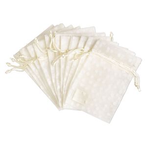 Pouch, flocked organza, ivory, 6x4 inches with dots pattern and drawstring closure. Sold per pkg of 12.
