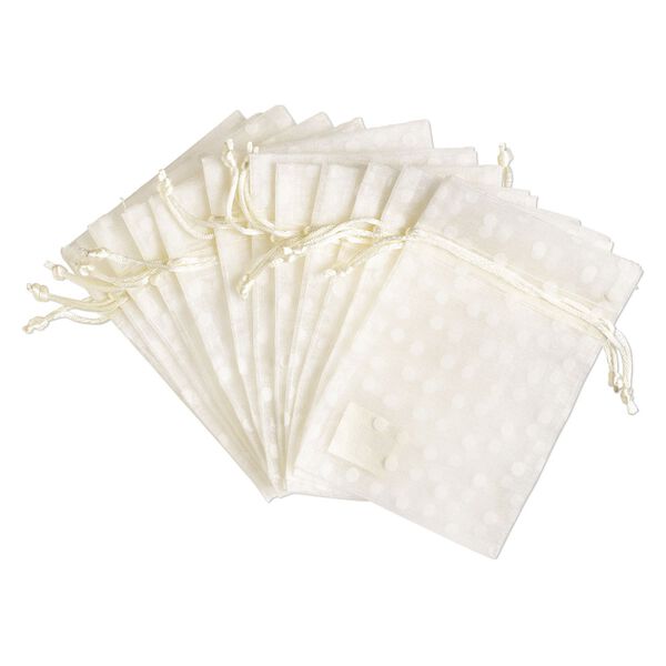 Pouch, flocked organza, ivory, 6x4 inches with dots pattern and drawstring closure. Sold per pkg of 12. image number 0
