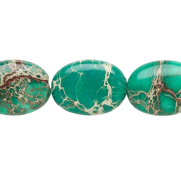 Bead, magnesite (dyed / stabilized), turquoise green, 18x13mm flat oval, B grade, Mohs hardness 3-1/2 to 4. Sold per 15-1/2" to 16" strand. image number 0