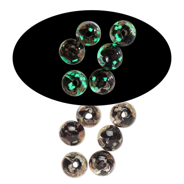 Bead, lampworked glass, clear / black / glow-in-the-dark / gold, 6mm round. Sold per pkg of 6. image number 0