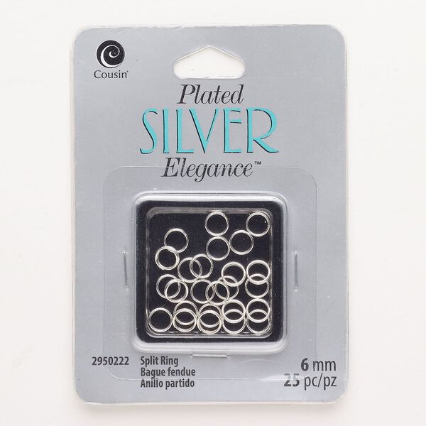 Split ring, brass, pkg/25, silver finish, 6mm round. image number 0
