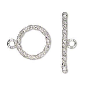 Clasp toggle 1pkg4, silver-plated 18mm textured twist, matte / shiny copper 1-strand
