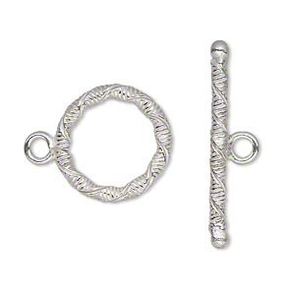 Clasp, toggle, silver-plated copper, 18mm textured round with twist. Sold per pkg of 4. image number 0