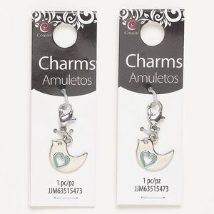 Charm, brass and enamel, pkg/2, silver finish and teal, 15x12mm bird with cutout heart and lobster claw clasp.