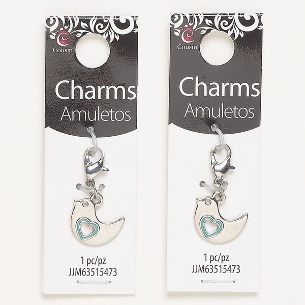 Charm, brass and enamel, pkg/2, silver finish and teal, 15x12mm bird with cutout heart and lobster claw clasp. image number 0