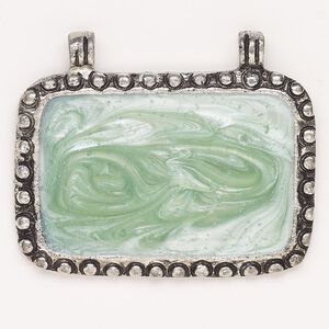 Focal "pewter" zinc-based alloy resin 1pk 62x15mm beaded rectangle swirl, antique silver finish and green