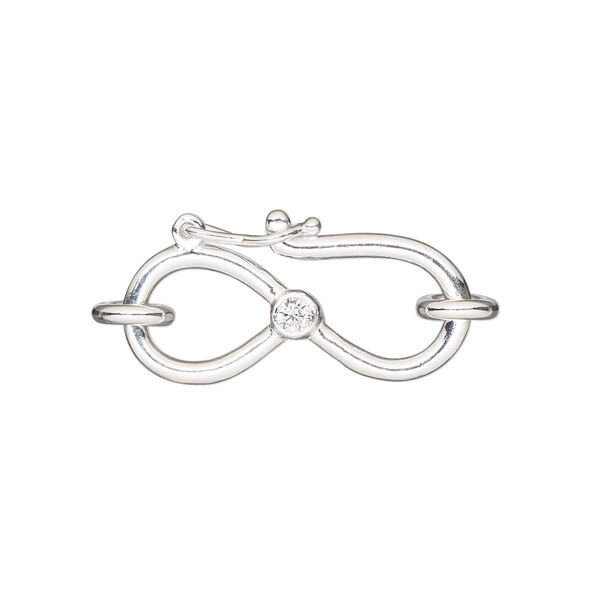 Clasp, S-hook, sterling silver and cubic zirconia, clear, 26x12.5mm single-sided with safety latch closure. Sold individually. image number 0