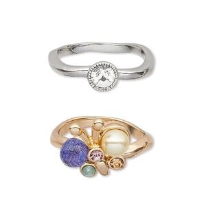 Ring, crystals / acrylic pearl / Czech glass rhinestone / imitation rhodium-plated / gold-finished "pewter" (zinc-based alloy), multicolored, 15x15mm butterfly and 8mm faceted round, size 8. Sold per pkg of 2.