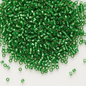 Seed bead, Delica®, glass, pkg/7.5g, #11 round, translucent semi-matte silver-lined green (DB-0688).