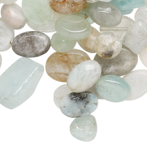 Bead mix, aquamarine (heated), 6x5mm-14x10mm hand-cut mixed shapes with 0.4-1.4mm hole, D grade, Mohs hardness 7-1/2 to 8. Sold per 2-ounce pkg, approximately 80 beads. image number 0