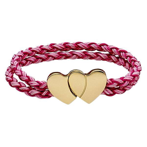 Bracelet, 2-strand, imitation leather and gold-finished "pewter" (zinc-based alloy), pink and dark pink, 7mm wide braided round with 30x17mm double heart, 6-1/2 inches with magnetic clasp. Sold individually. image number 0