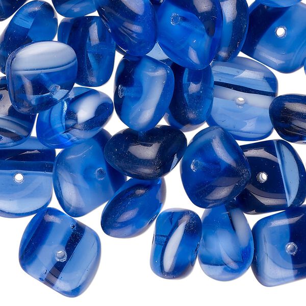 Bead, Czech pressed glass, translucent dark blue, blue and white, 12x10mm freeform rondelle. Sold per pkg of 50, approximately 50 beads. image number 0