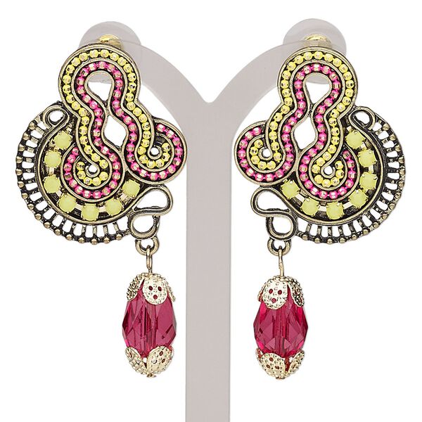 Earring, acrylic / acrylic rhinestone / enamel / stainless steel / antique gold-finished brass / steel / "pewter" (zinc-based alloy), multicolored, 2-1/3 inches with post. Sold per pair. image number 0