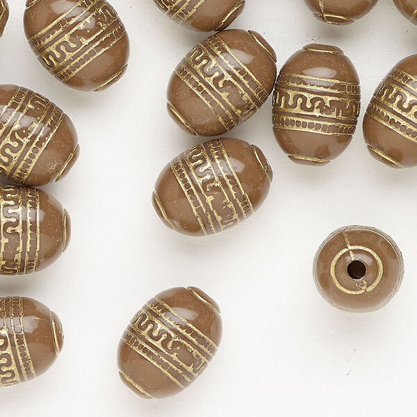 Acrylic 1pkg1, oval bead 1 ounce brown / gold / line design 13x10mm image number 0