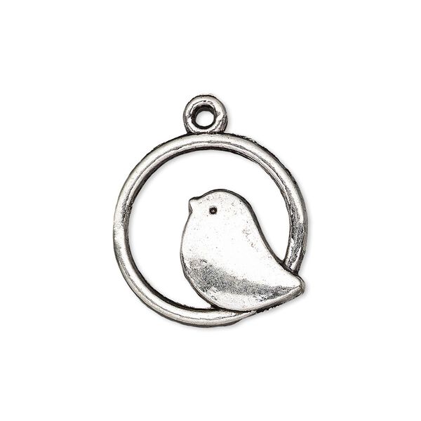 Drop, antique silver-plated "pewter" (zinc-based alloy), 21x20.5mm single-sided flat round with bird. Sold per pkg of 10. image number 0