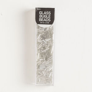 Bugle bead 1pkg1 glass, 7x2mm round tube, 33 gram opaque platinum