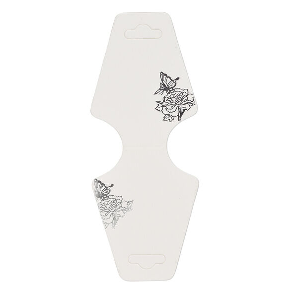 Necklace card, paper, opaque white and silver, 1-3/4 x 2-1/4 inch assembled with double-sided butterfly and flower design. Sold per pkg of 100. image number 0