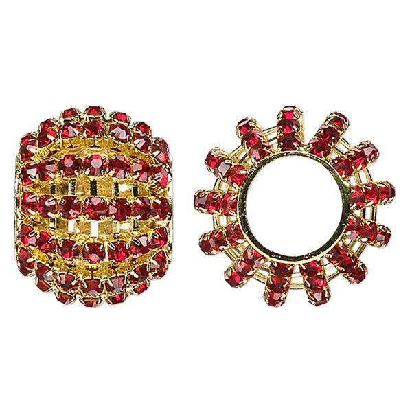 Bead, glass rhinestone and gold-finished brass, ruby red, 25x20mm barrel with 3mm chatons, 11.5mm hole. Sold individually. image number 0
