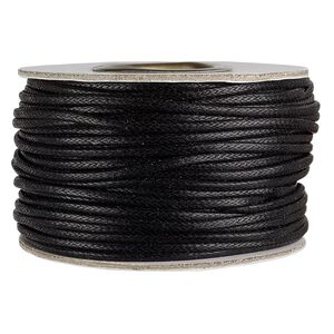 Cord, waxed cotton, black, 2mm round. Sold per 500-yard spool.