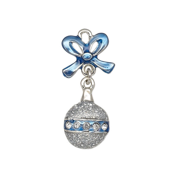Charm, enamel / crystals / silver-plated "pewter" (zinc-based alloy), blue and clear with silver-colored glitter, 30x13mm single-sided ornament and ribbon. Sold individually. image number 0