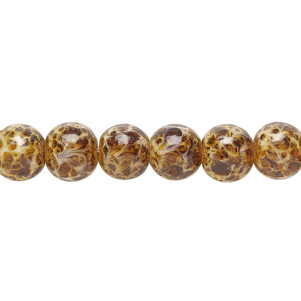 Bead, glass, opaque light brown and dark brown, 7-8mm round with random spotted pattern. Sold per 15-1/2" to 16" strand. image number 0