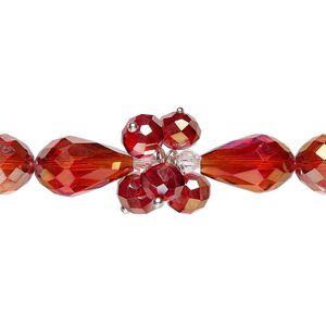 Bead, glass and silver-finished brass, translucent red AB and clear, 4mm faceted bicone / 8x6mm faceted rondelle / 15x10mm faceted teardrop. Sold per 8-inch strand.