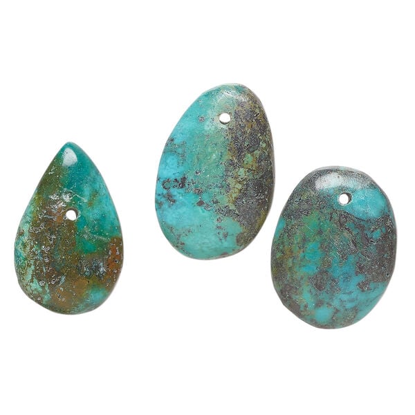 Turquoise 1pkg3, hand-cut top-drilled puffed teardrop / oval / freeform drop, mix 22x10mm-30x18mm blue image number 0