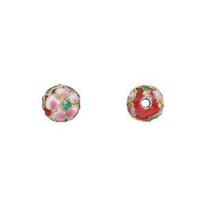 Bead, cloisonné, enamel and gold-finished copper, red / pink / green, 8mm round with flower design. Sold per pkg of 10.