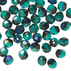 Bead 1pkg60, Czech fire-polished glass, half-coated green blue iris, 6mm faceted round.