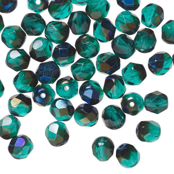 Bead 1pkg60, Czech fire-polished glass, half-coated green blue iris, 6mm faceted round. image number 0