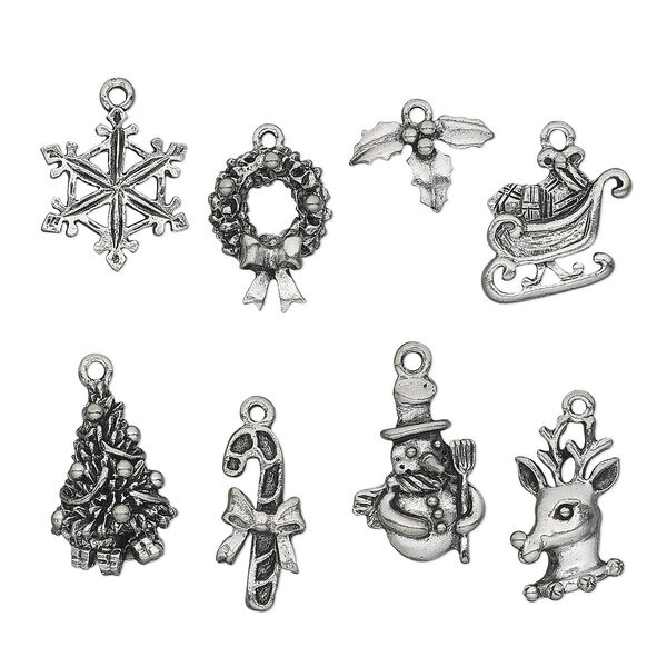 Charm, antiqued pewter (tin-based alloy), 12.5x9mm-22.5x17.5mm Christmas theme. Sold per 8-piece set. image number 0