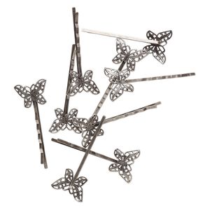 Hair clip, antique silver-finished steel and oxidized brass, 2 inches with 22x16mm butterfly and cutout design. Sold per pkg of 8.