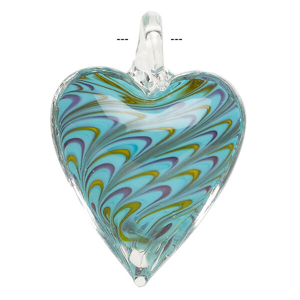 Focal, lampworked glass 1pkg1, opaque and translucent multicolored, 42x29mm-44x31mm single-sided heart with swirl design. image number 1