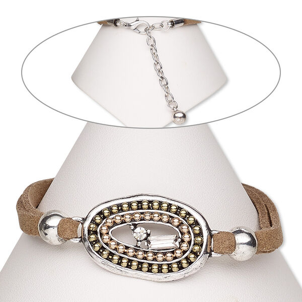 Bracelet, faux suede / glass rhinestone / brass / copper-plated brass / antique silver-plated steel / "pewter" (zinc-based alloy), tan and clear, 30x20mm open oval, 7 inches with 2-inch extender chain and lobster claw clasp. Sold individually. image number 0