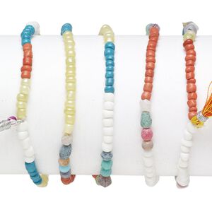 Bracelet mix, glass, multicolored, #6 round with 40mm tassel, 7-1/2 inches. Sold per pkg of 5.