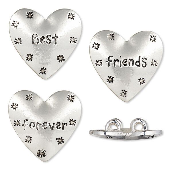 Spacer, silver-finished "pewter" (zinc-based alloy), 25x24mm 2-strand affirmation heart with star / "Best" / "friends" / "forever" designs and hidden loops, fits up to 6mm bead. Sold per 3-piece set. image number 0