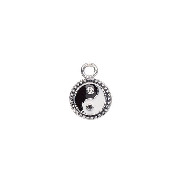 Charm, antique sterling silver / cubic zirconia / enamel, black / clear / white, 10mm single-sided flat round with yin-yang design and beaded edge. Sold individually. image number 0
