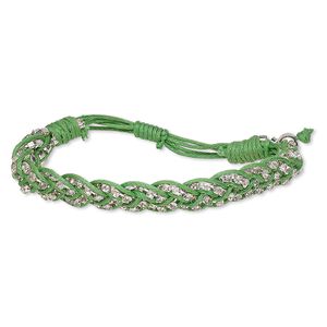 Bracelet, waxed cotton cord / glass rhinestone / silver-finished brass, green and clear, 13mm wide with cupchain, adjustable from 6-1/2 to 8 inches with wrapped knot closure. Sold individually.