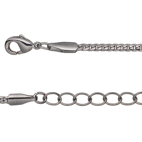 Chain, gunmetal-plated brass, 2mm curb, 24 inches with 1-1/4 inch extender chain and lobster claw clasp. Sold per pkg of 2. image number 0
