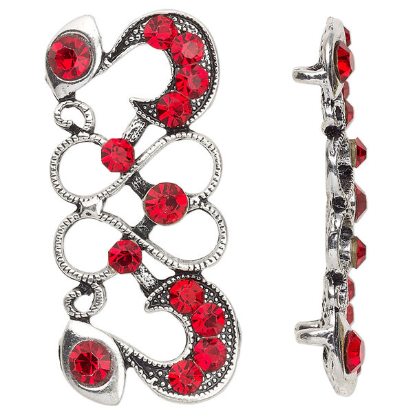 Spacer, antiqued silver-finished "pewter" (zinc-based alloy) and Czech glass rhinestone, light Siam, 40x19mm 2-strand fancy rectangle with heart and swirl design. Sold per pkg of 4. image number 0