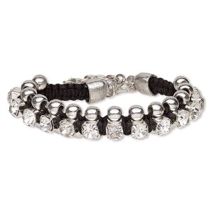 Bracelet, waxed cotton cord / glass rhinestone / silver-finished brass / steel, black and clear, 13mm wide with cupchain, 6 inches with 2-inch extender chain and lobster claw clasp. Sold individually.