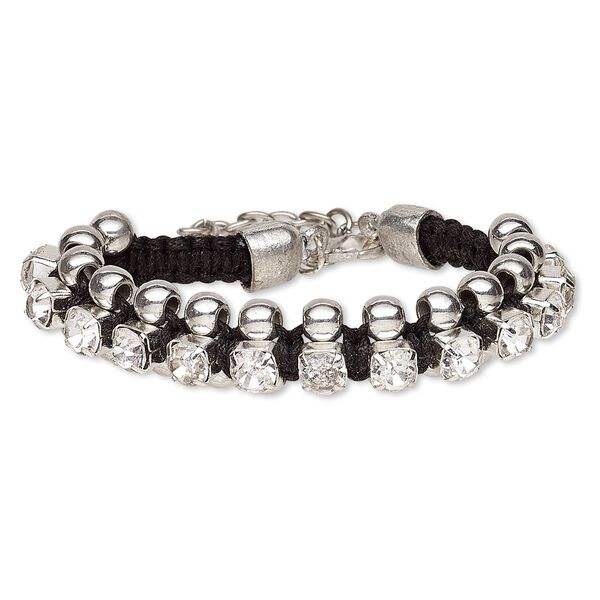 Bracelet, waxed cotton cord / glass rhinestone / silver-finished brass / steel, black and clear, 13mm wide with cupchain, 6 inches with 2-inch extender chain and lobster claw clasp. Sold individually. image number 0