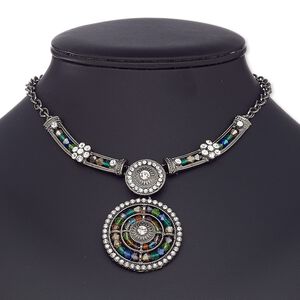 Necklace, glass rhinestone / glass / gunmetal-coated plastic / gunmetal-plated steel / "pewter" (zinc-based alloy), multicolored, 44mm round, 16 inches with 2-inch extender chain and lobster claw clasp. Sold individually.