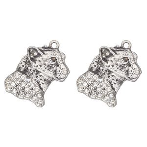 Charm, antique silver-finished "pewter" (zinc-based alloy) and glass, clear and black, 24x23mm single-sided cheetah head. Sold per pkg of 2.