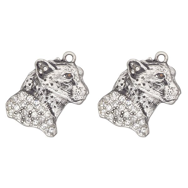 Charm, antique silver-finished "pewter" (zinc-based alloy) and glass, clear and black, 24x23mm single-sided cheetah head. Sold per pkg of 2. image number 0