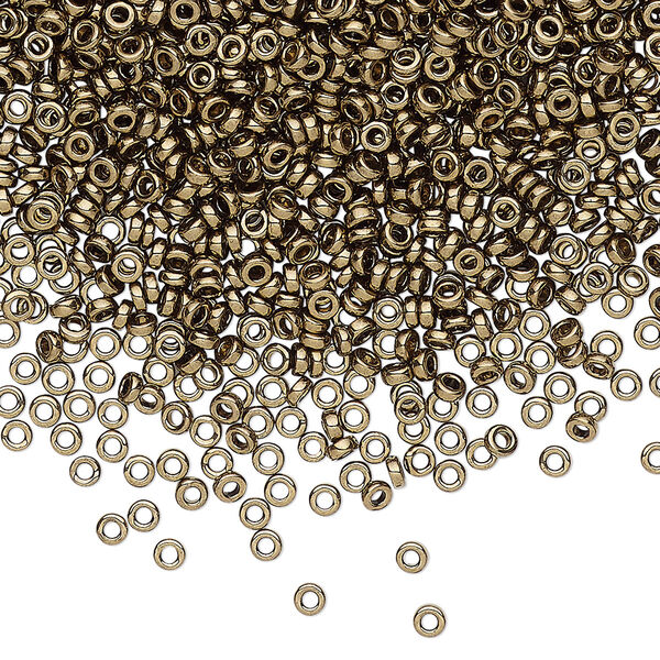 Seed bead, Miyuki, glass, pkg/10g, 2.2x1mm spacer rondelle, opaque metallic dark bronze, (SPR2.2-457). image number 0